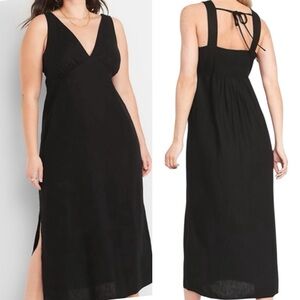 Old Navy Black Linen Blend Midi Dress Babydoll Smocked Tie-Back SZ M Minimalist